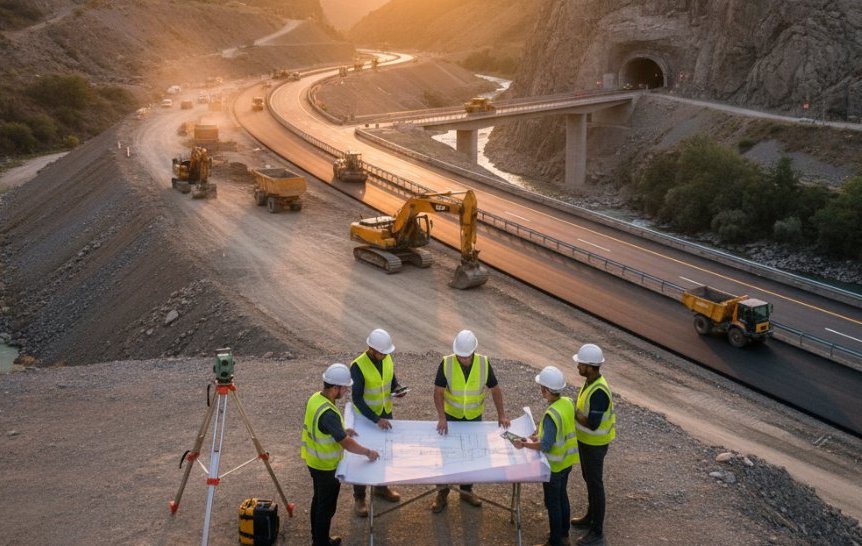 Equipo técnico y volquetes en el corte de una carretera de montaña