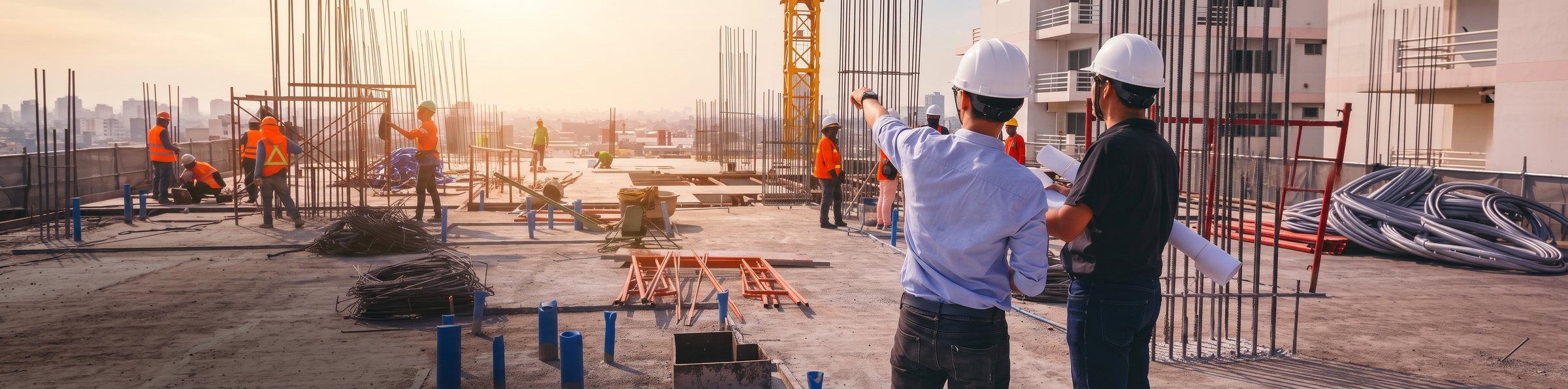 Ingenieros con planos supervisando una obra