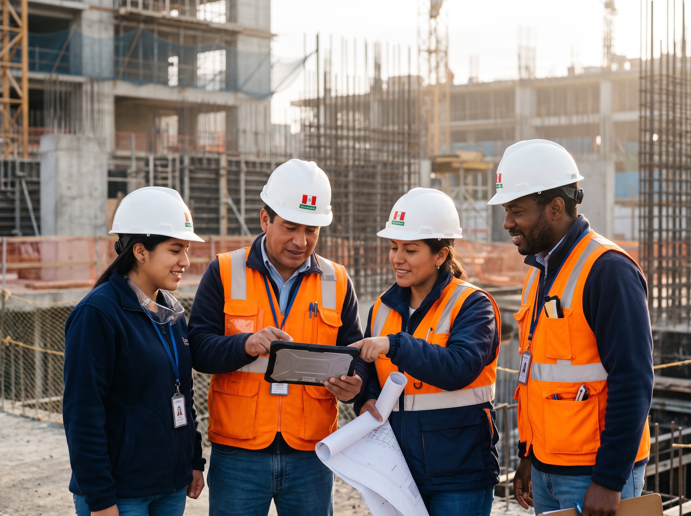 Equipo de ingenieros revisando una tablet y planos frente a un edificio en construcción