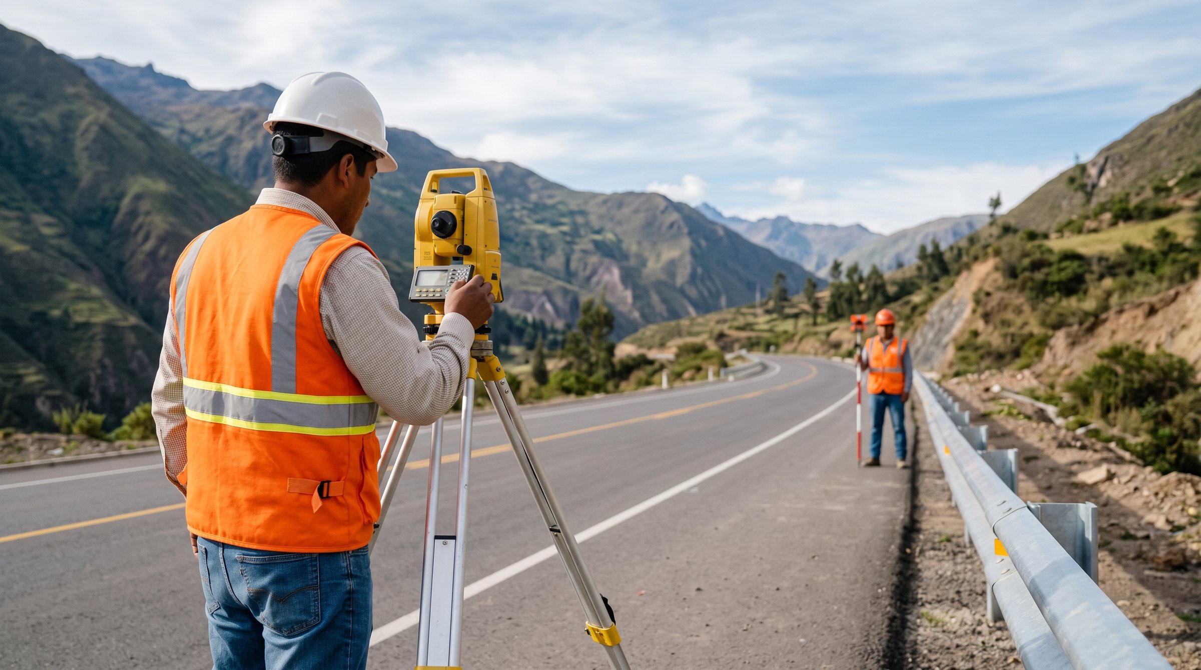 Topógrafo operando un nivel en una carretera